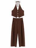 URBANREVERSE Women's Halter Neck Waistcoat and Wide Leg Trouser Co Ord Set Light Blue Linen Blend Two Piece Outfit Sleeveless Vest Elastic Waist Pants Summer Holiday Chic Made in Italy