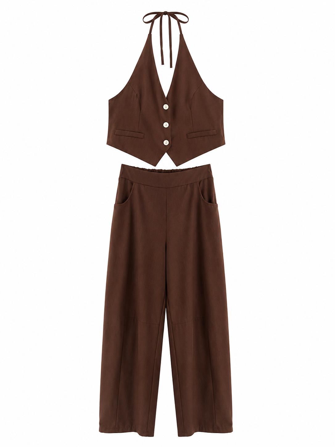 URBANREVERSE Women's Halter Neck Waistcoat and Wide Leg Trouser Co Ord Set Light Blue Linen Blend Two Piece Outfit Sleeveless Vest Elastic Waist Pants Summer Holiday Chic Made in Italy
