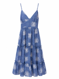 URBANREVERSE Women's Blue Floral Print Halter Long Dress, V-Neck Adjustable Straps, Elastic High Waist Tiered Skirt, Summer Dress