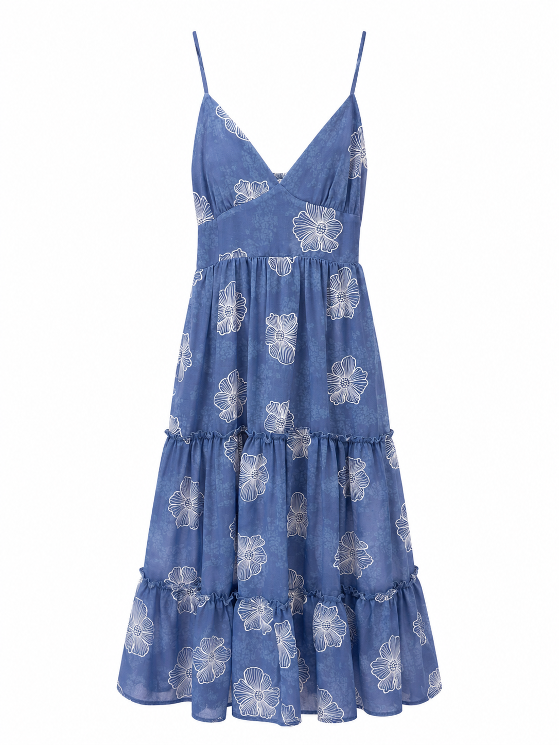 URBANREVERSE Women's Blue Floral Print Halter Long Dress, V-Neck Adjustable Straps, Elastic High Waist Tiered Skirt, Summer Dress