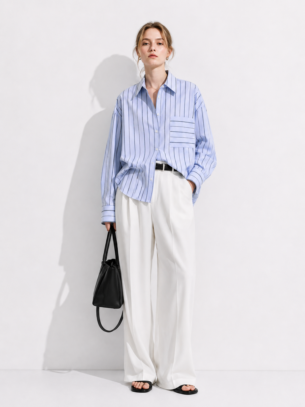 Camicia Loose a Righe Verticali con Tasca | Stile Casual